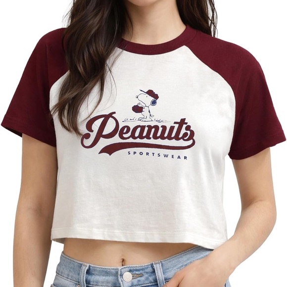 Women's Snoopy Maroon and White Raglan Top - Picture 1 of 5
